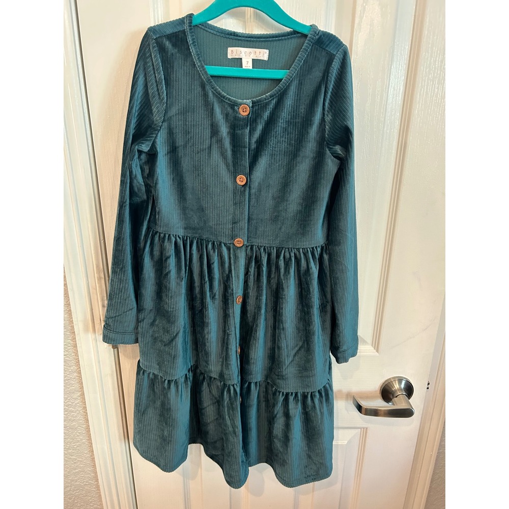 Biscotti Dress Teal Blue Corduroy Tiered Button Front Long Sleeve Kids 7